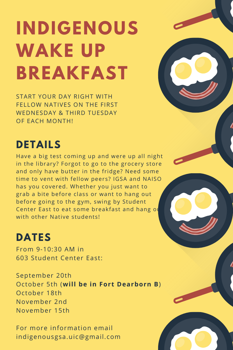 A flyer with a yellow background and frying pans that have eggs for eyes and bacon smiles. Includes all of the dates and times for the breakfast series