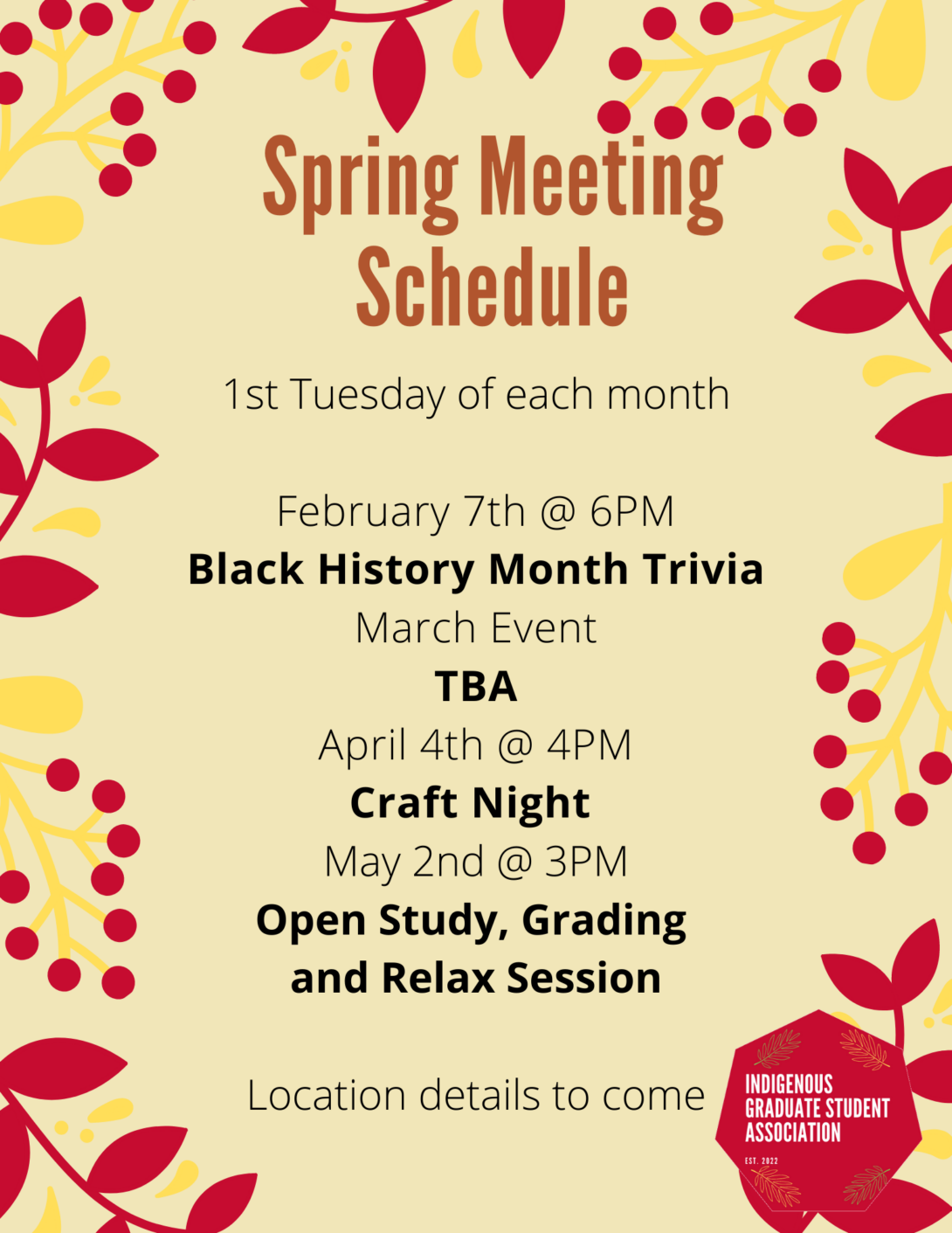 Details of all spring meetings, border is yellow and red flowers and leaves with the IGSA logo in the bottom right corner
