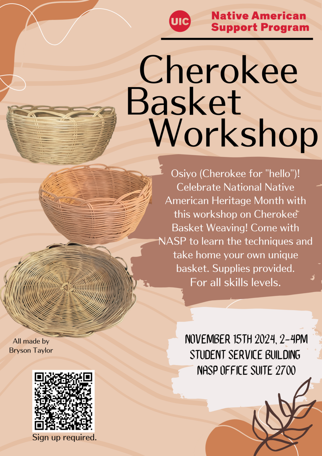 Flyer with event information and three rounded baskets with scalloped tops created by NASP student worker, Bryson Taylor.