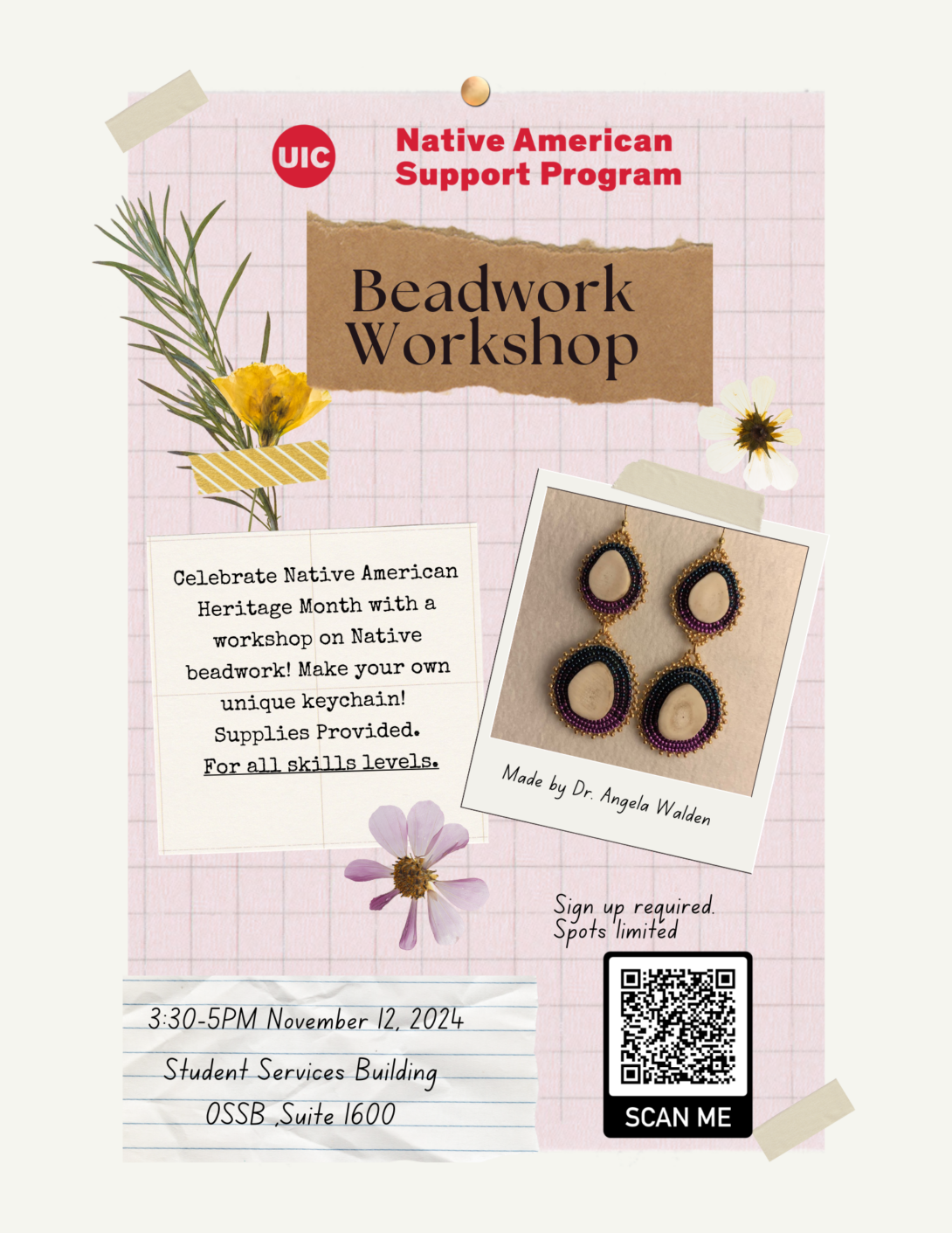 Flyer with event description and a photo of two-tiered gold and green beaded earrings with white antler as their centers, created by Dr. Angela Walden