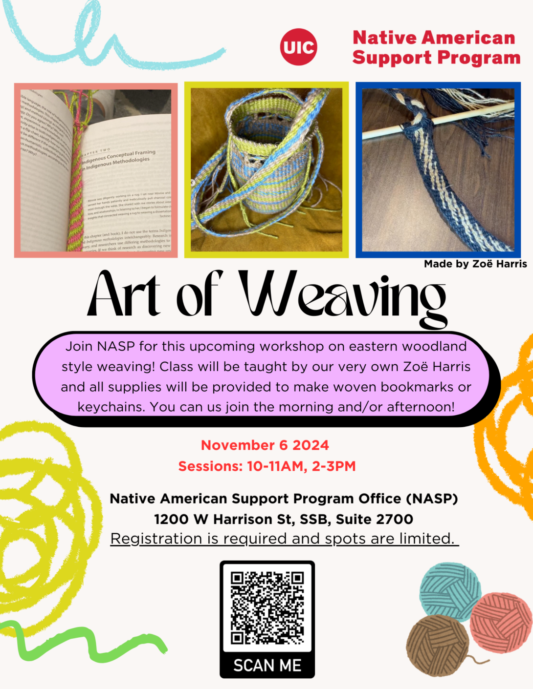 Flyer with event information as well as photos of a pink and green bookmark, blue and green bag, and black and brown strap.